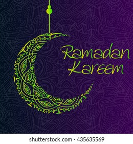 Ramadan Kareem background with ornamental moon. Greeting card, invitation for muslim community holy month on blurred. Vector illustration