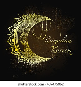 Ramadan Kareem background with ornamental moon. Ramadan mubarak Greeting card. Holy Muslim month and celebration. Isolated vector illustration