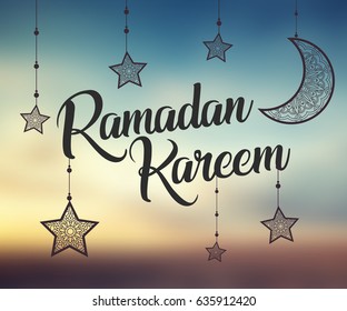 Ramadan Kareem background with ornamental moon and stars. Greeting card, invitation for muslim community holy month on blurred. 