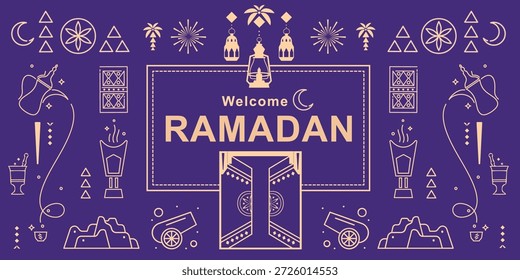 Ramadan Kareem background in Outline Saudi icons style. Modern Diriyah Nights in Ramadan greeting card, banner and poster template design. Line art purple and gold vector illustration.