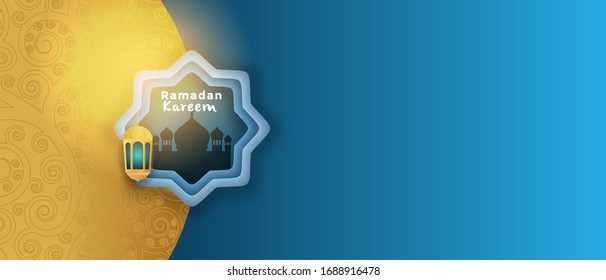 Ramadan Kareem Background paper art or paper cut style with Fanoos lantern fit for greeting card,web banner and promotion