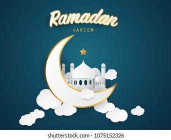 Ramadan kareem background. Paper cut vector illustration with mosque and moon, place for text greeting card and banner
