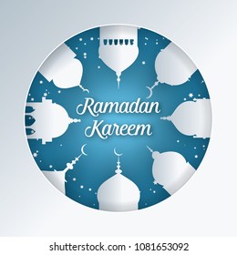 Ramadan kareem background. Paper cut vector illustration with mosque and moon. Festive Ramadan greetings card design.