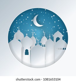 Ramadan kareem background. Paper cut vector illustration with mosque and moon. Festive Ramadan greetings card design.