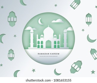 Ramadan kareem background. Paper cut vector illustration with mosque and moon. Festive Ramadan greetings card design.