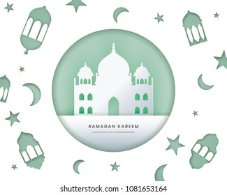 Ramadan kareem background. Paper cut vector illustration with mosque and moon. Festive Ramadan greetings card design.