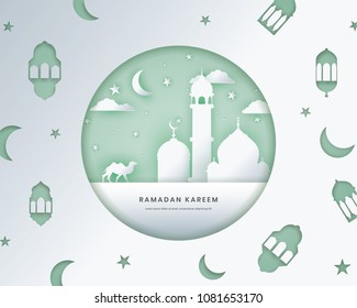 Ramadan kareem background. Paper cut vector illustration with mosque and moon. Festive Ramadan greetings card design.