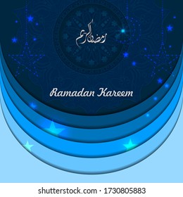 Fondo Ramadan Kareem. Ilustración vectorial de corte de papel con estrella, luna y mandala. Diseño festivo de tarjetas de felicitación de Ramadán. Traducción: Feliz y sagrado Ramadán