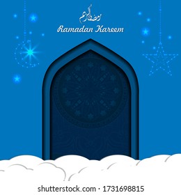 Ramadan kareem background. Paper cut vector illustration with star ,moon and mandala. Festive Ramadan greetings card design. Translation: Happy & Holy Ramadan