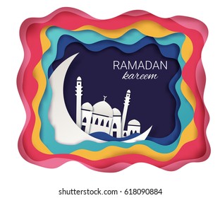 Ramadan kareem background. Paper cut vector illustration with mosque and moon. Festive Ramadan greetings card design. 
