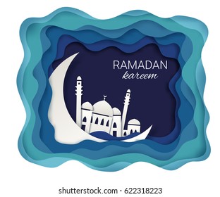 Ramadan kareem background. Paper cut vector illustration with mosque and moon. Festive Ramadan greetings card design. 
