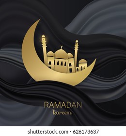 Ramadan kareem background. Paper cut vector illustration with golden mosque and moon. Festive Ramadan greetings card design.  