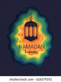 Ramadan kareem background. Paper cut vector illustration with arabic lamps. Festive Ramadan greetings card design. 
