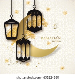 Ramadan kareem background. Paper cut vector illustration with arabic lamps. Festive Ramadan greetings card design. 