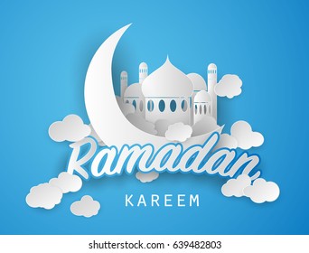 Ramadan kareem background. Paper cut vector illustration with mosque and moon, , place for text greeting card and banner for Ramadan kareem