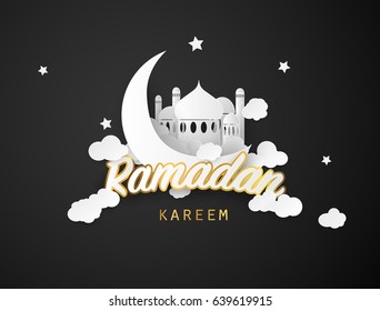 Ramadan kareem background. Paper cut vector illustration with mosque and moon, , place for text greeting card and banner for Ramadan kareem