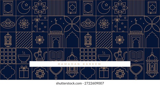 Ramadan Kareem background pattern in Art Deco style. Modern Islamic greeting card, banner and poster template design in minimal line style with line traditional icons.