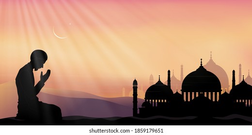 Ramadan Kareem background with prayer and Mosque dome with twilight dusk sky,Silhouette Muslim man making a supplication(salah),Vector symbolic for Islamic religion,Eid al-Adha,Eid Mubarak,Eid al fitr