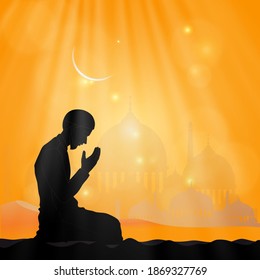 Ramadan Kareem background with prayer and Mosque dome with twilight dusk sky,Silhouette Muslim man making a supplication(salah),Vector symbolic for Islamic religion,Eid al-Adha,Eid Mubarak,Eid al fitr