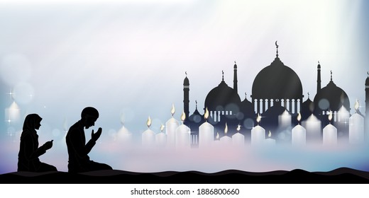 Tarjeta Eid Mubarak con silueta de mezquita con luz de velas, hombre y mujer musulmanes haciendo una suplicación (salah), Ramadán o Ramazan Kareem fondo para Eid Ul Fitr o Ul Adha. Islam, religión musulmana