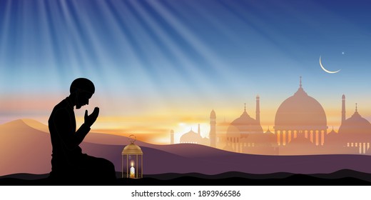 Ramadan Kareem background with prayer and Mosque dome with twilight dusk sky,Silhouette Muslim man making a supplication(salah),Vector symbolic for Islamic religion,Eid al-Adha,Eid Mubarak,Eid al fitr