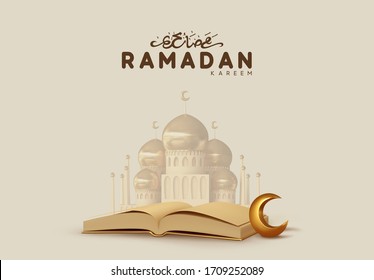 Ramadan Kareem Background. The Qur'an is the holy book of Muslims. Mosque building realistic 3d design. calligraphic inscription in arabic translation by Ramadan Kareem. Vector illustration