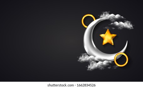 Ramadan Kareem Background with realistic crescent moon, star, and ring with golden silver color. Perfect for banner, greeting. Vector illustration