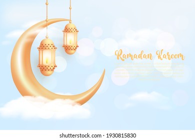 Ramadan kareem background with realistic golden lanterns and crescent moon