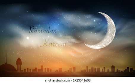 Ramadan Kareem background. Religion Holy Month. Caligraphy. Light moon. Clouds. Crescent Moon and Silhouette Mosque in the Bright Night for Ramadan Kareem Background. Cover, banner for design.