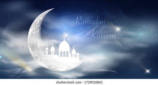 Ramadan Kareem background. Religion Holy Month. Caligraphy. Light moon. Clouds. Temple with domes. Old Muslim city. Cover, banner for design. Vector illustration. EPS 10