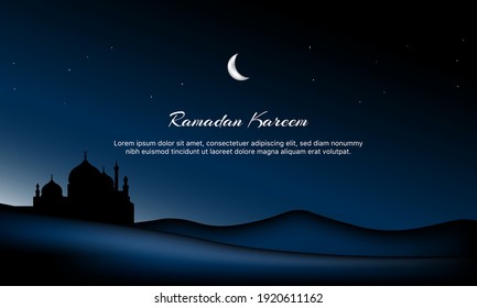 Ramadan Kareem Background with Silhouette of a Mosque in the Desert. Banner, Poster, Greeting Card. Vector Illustration.