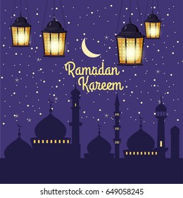 Ramadan Kareem background silhouettes of the mosque bright moon, night, starry sky, lanterns, postcard, vector, isolated, illustration