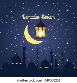 Ramadan Kareem background silhouettes of the mosque bright moon, night, starry sky, lanterns, postcard, vector, isolated, illustration