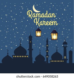 Ramadan Kareem background silhouettes of the mosque bright moon, night, starry sky, lanterns, postcard, vector, isolated, illustration