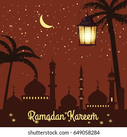 Ramadan Kareem background silhouettes of the mosque bright moon, night, starry sky, lanterns, palm trees, postcard, vector, isolated, illustration
