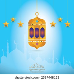 Ramadan Kareem Background with stars, mosque, lump, typography  with shine blue and Wight background vector illustration