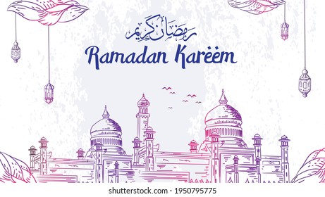 Ramadan Kareem background with technical drawing vector illustration mosque and lantern design with arabic pattern and calligraph.Calligraphy translation of ramadan kareem
