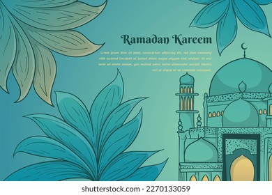 Ramadan kareem background template with leaves and mosque in green blue background design