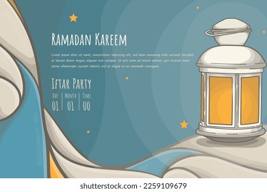 Ramadan kareem background template in a night mood design with lantern and yellow star design