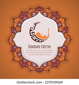 Ramadan kareem background template with orange mandala in hand drawn design