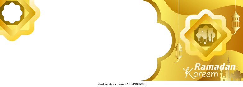 Ramadan Kareem background template with star shape and mosque and lantern. gold and white color. simple. for web banner, poster, flyer, greeting card and promotion template for Ramadan holidays.