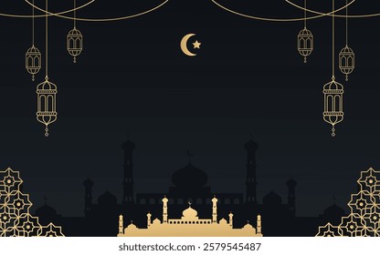 Ramadan Kareem Background Vector Design with Mosque Silhouette and Starry Night