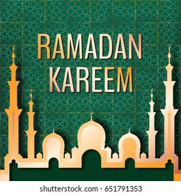 Ramadan Kareem background. Vector ethnic Ramadan card with traditional patterns and mosque silhouette. 