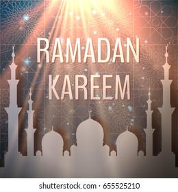 Ramadan Kareem background. Vector ethnic Ramadan card with traditional patterns and mosque silhouette. 