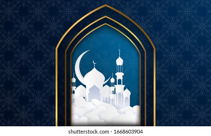 Antecedentes de Ramadán kareem. ilustración vectorial con mezquita y luna, tarjeta de saludo y pancarta