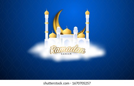 Antecedentes de Ramadán kareem. ilustración vectorial con mezquita y luna, lugar para tarjeta de saludo de texto y banner