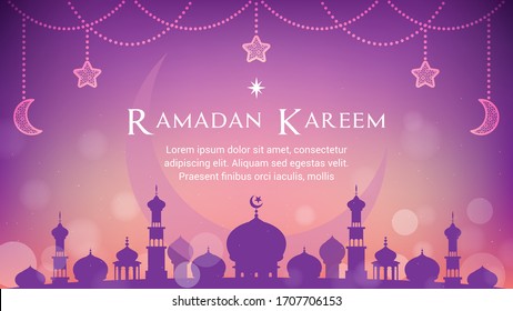 Ilustración vectorial de fondo de Ramadan Kareem. Hermosa noche con mezquita en fondo morado