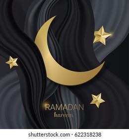 Ramadan kareem background. Vector illustration with golden paper moon and stars. Festive Ramadan greetings card design.  