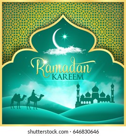 Ramadan kareem background. vector illustration with arabic desert mosque and moon in Turquoise. Festive Ramadan greetings card design.