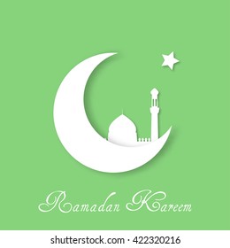 Ramadan Kareem background with white crescent, mosque and star. Stock vector.